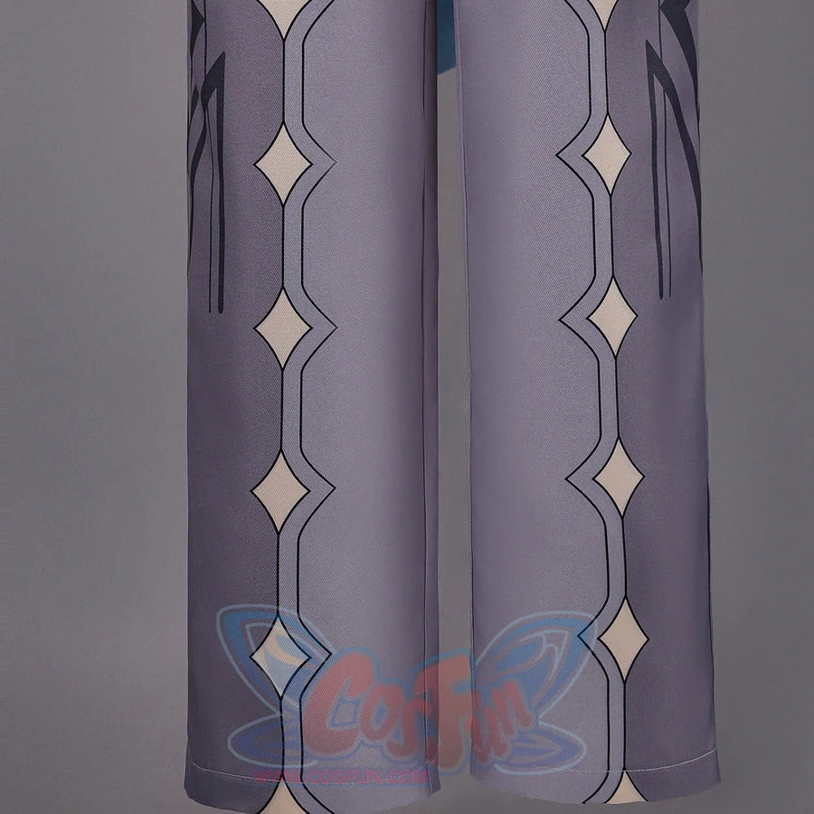 Detail of Genshin Impact Aether cosplay costume gray pants with gold diamond patterns, black vertical lines, and side seams