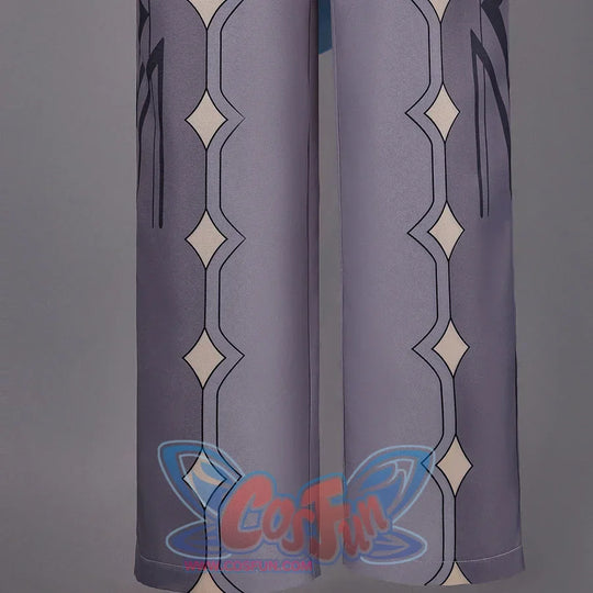 Detail of Genshin Impact Aether cosplay costume gray pants with gold diamond patterns, black vertical lines, and side seams