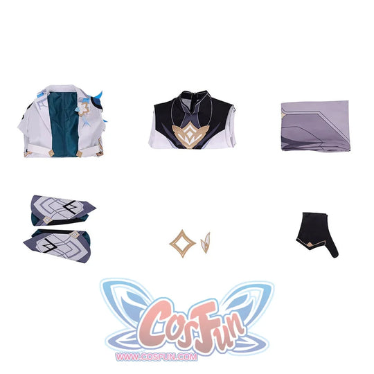 Flat lay of Genshin Impact Aether cosplay costume pieces with coat, inner top, pants, gloves, wrist guards, and headwear