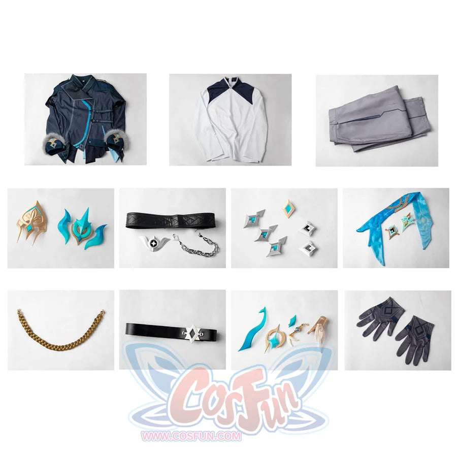 Aether cosplay costume set flat lay with the dark teal outfit and coordinated pieces arranged for viewing.