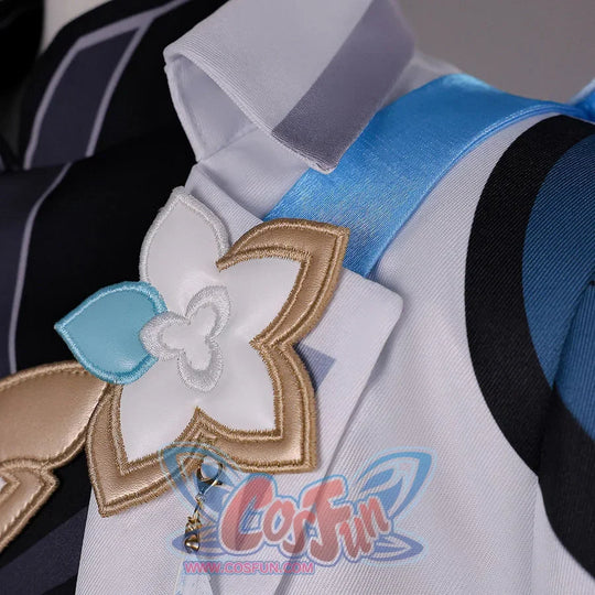 Shoulder detail of Genshin Impact Aether cosplay costume with white flower ornament, blue trim, gold frame, and black fabric
