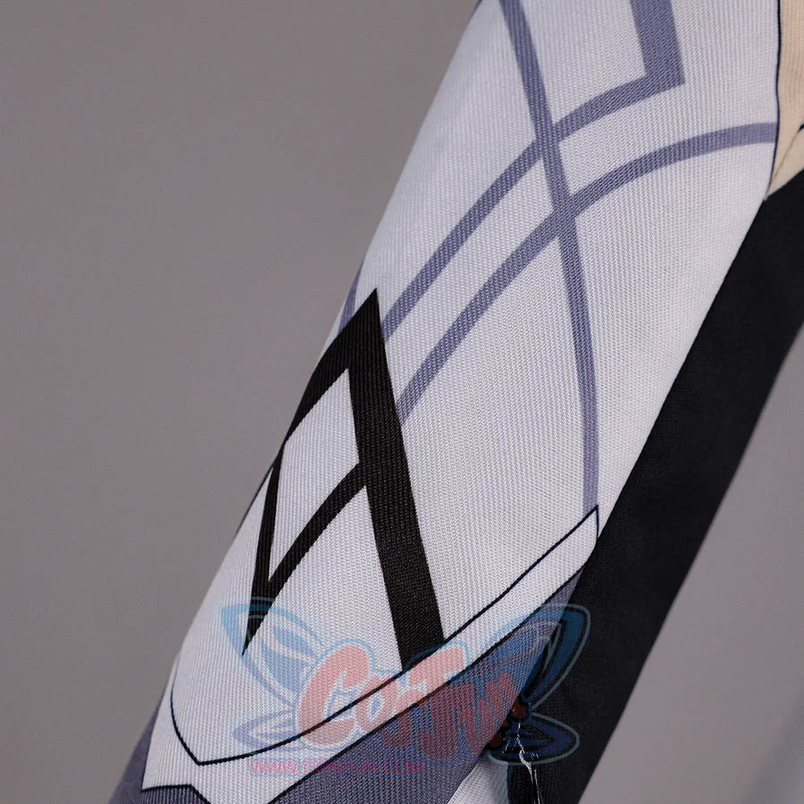 Detail of Genshin Impact Aether cosplay costume white sleeve with gray line pattern, black cuff edge, and blue trim