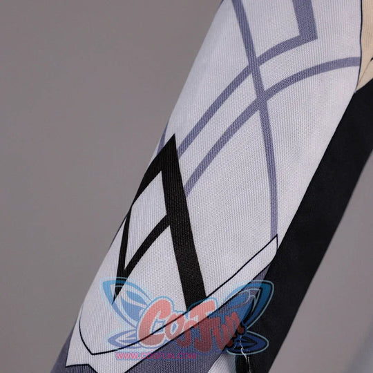 Detail of Genshin Impact Aether cosplay costume white sleeve with gray line pattern, black cuff edge, and blue trim