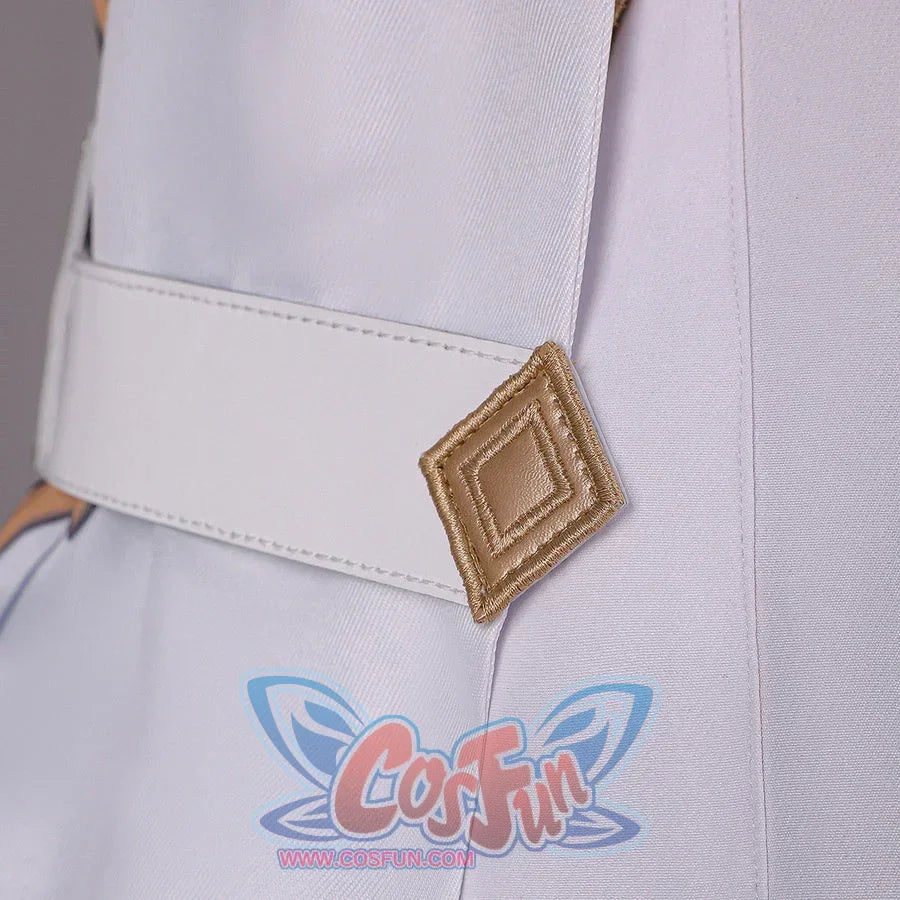 Waist detail of Genshin Impact Aether cosplay costume with white belt, gold diamond buckle, gray pants, and side seam