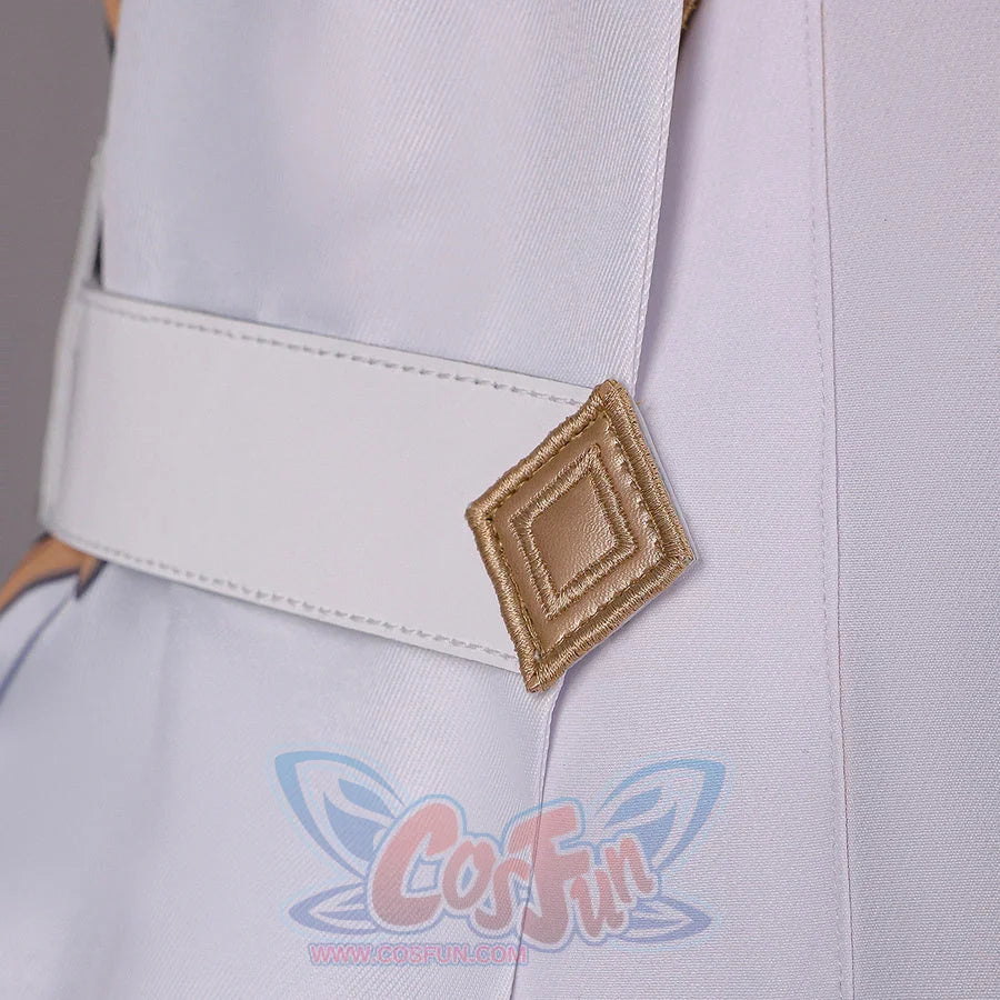 Waist detail of Genshin Impact Aether cosplay costume with white belt, gold diamond buckle, gray pants, and side seam