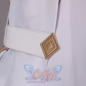 Waist detail of Genshin Impact Aether cosplay costume with white belt, gold diamond buckle, gray pants, and side seam