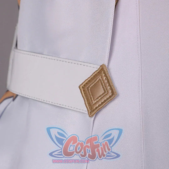 Waist detail of Genshin Impact Aether cosplay costume with white belt, gold diamond buckle, gray pants, and side seam