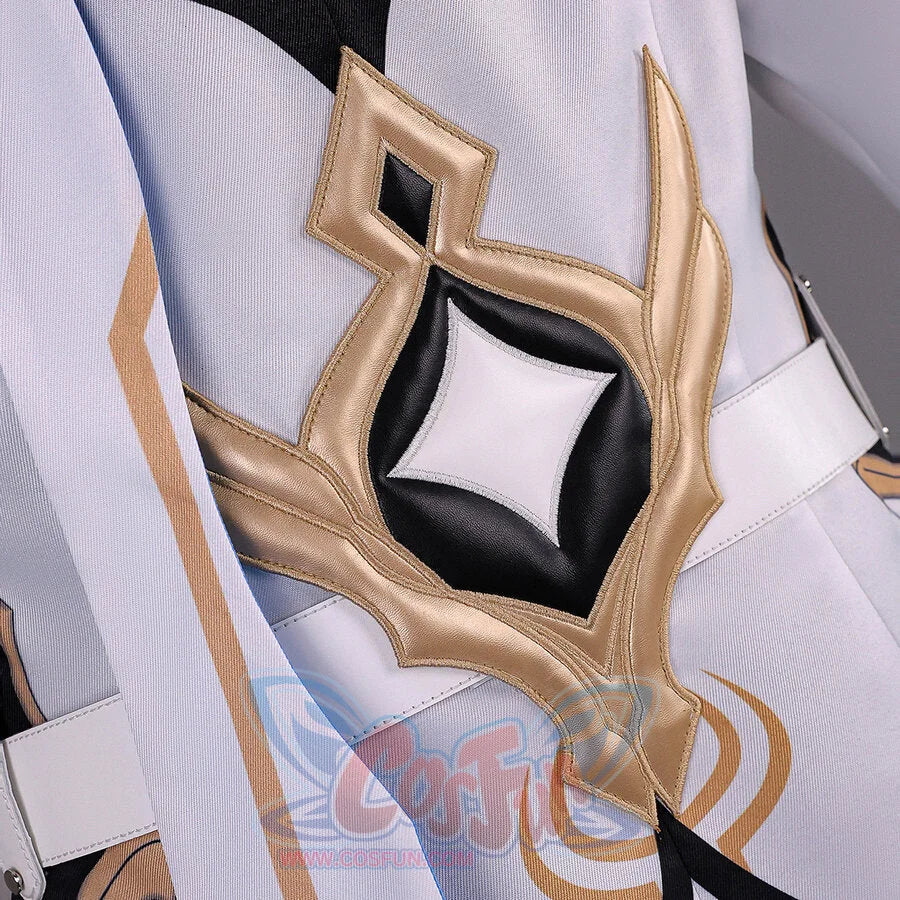 Waist detail of Genshin Impact Aether cosplay costume with gold framed emblem, white belt, black trim, and blue coat edge
