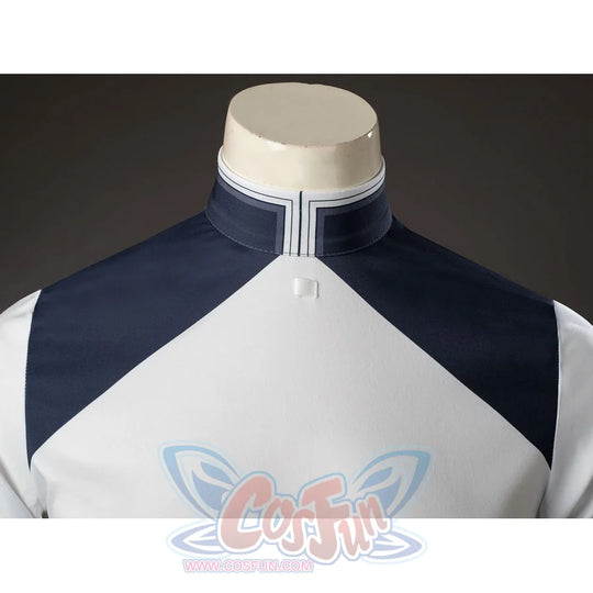 Aether cosplay inner top collar close-up with a navy yoke and narrow gray trim.