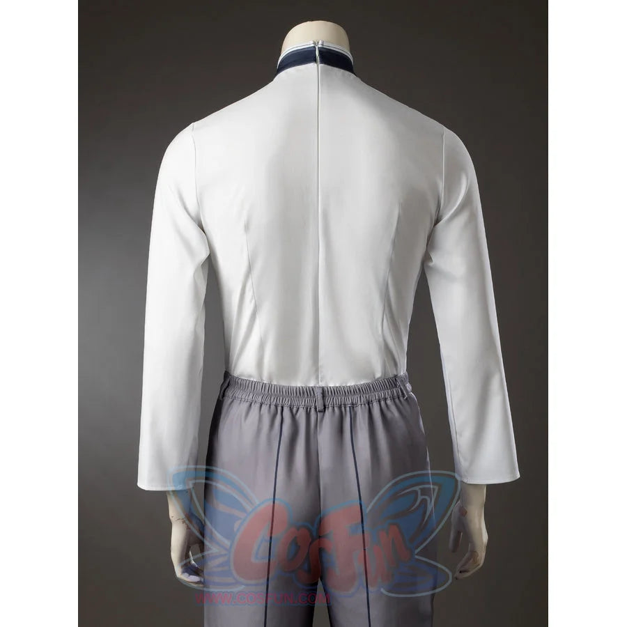 Aether cosplay inner top back view with navy shoulder panels above gray pants.