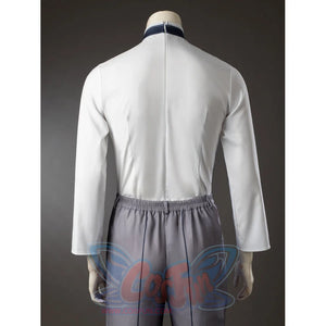 Aether cosplay inner top back view with navy shoulder panels above gray pants.