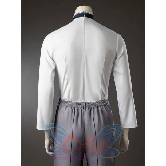 Aether cosplay inner top back view with navy shoulder panels above gray pants.