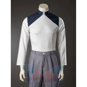 Aether cosplay inner top front view pairs a white torso and navy shoulder panels with a high collar above gray pants.