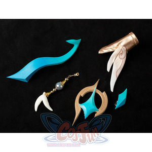 Aether cosplay ornaments flat lay with gold-tone pieces among turquoise and white shapes arranged for viewing.