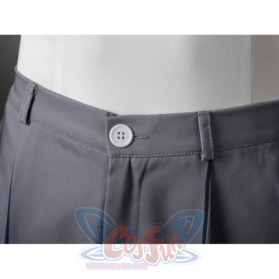 Aether cosplay pants waist detail shows a gray waistband with a button closure beside a side pocket opening.
