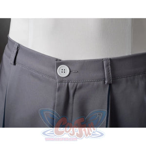 Aether cosplay pants waist detail shows a gray waistband with a button closure beside a side pocket opening.