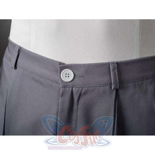 Aether cosplay pants waist detail shows a gray waistband with a button closure beside a side pocket opening.
