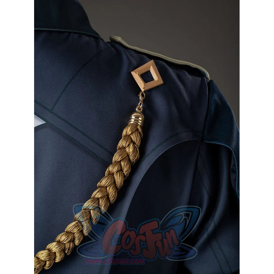 Aether cosplay shoulder cord detail with a braided gold-tone strand and square fastener.
