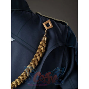 Aether cosplay shoulder cord detail with a braided gold-tone strand and square fastener.