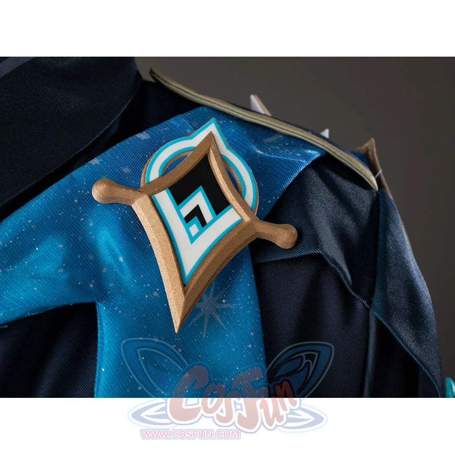 Aether cosplay shoulder drape detail with a bright turquoise panel and gold-tone geometric ornament.