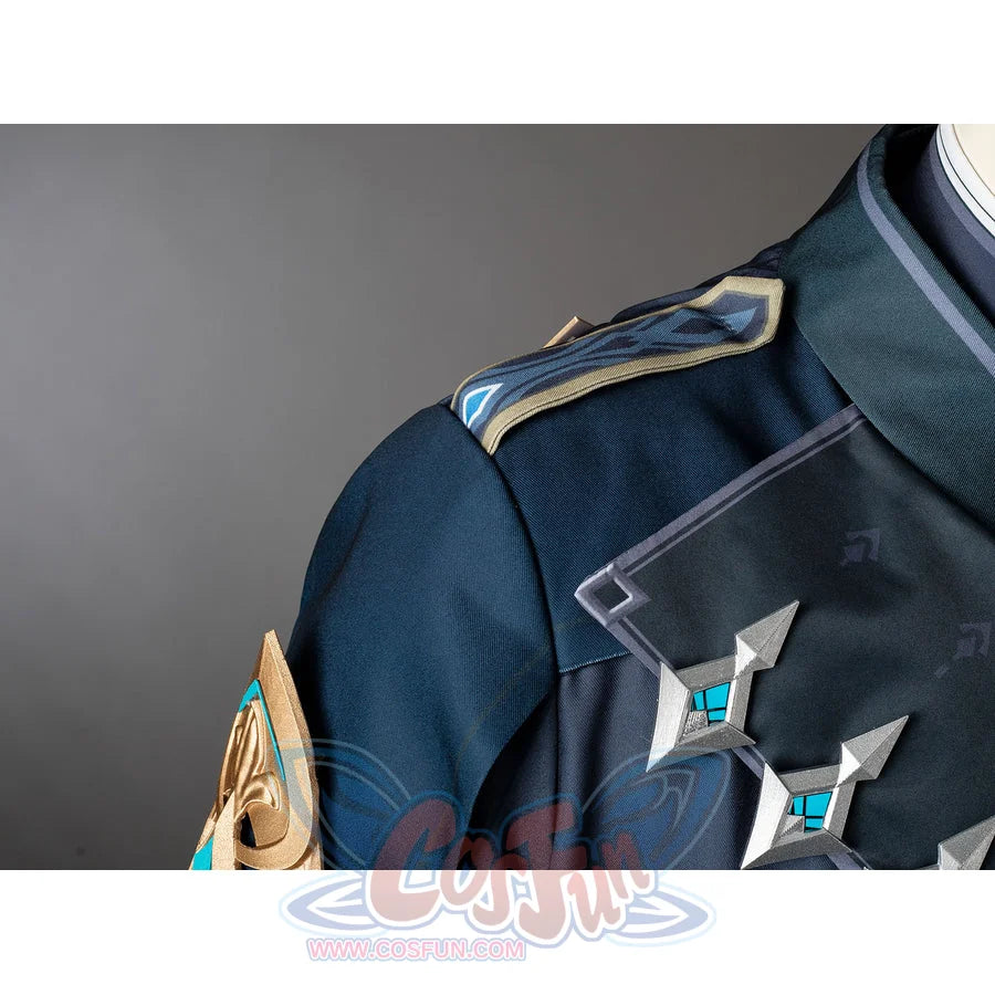 Aether cosplay shoulder detail with a dark layered panel and three silver-tone geometric ornaments.