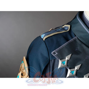 Aether cosplay shoulder detail with a dark layered panel and three silver-tone geometric ornaments.