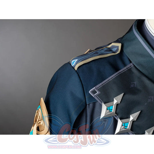 Aether cosplay shoulder detail with a dark layered panel and three silver-tone geometric ornaments.