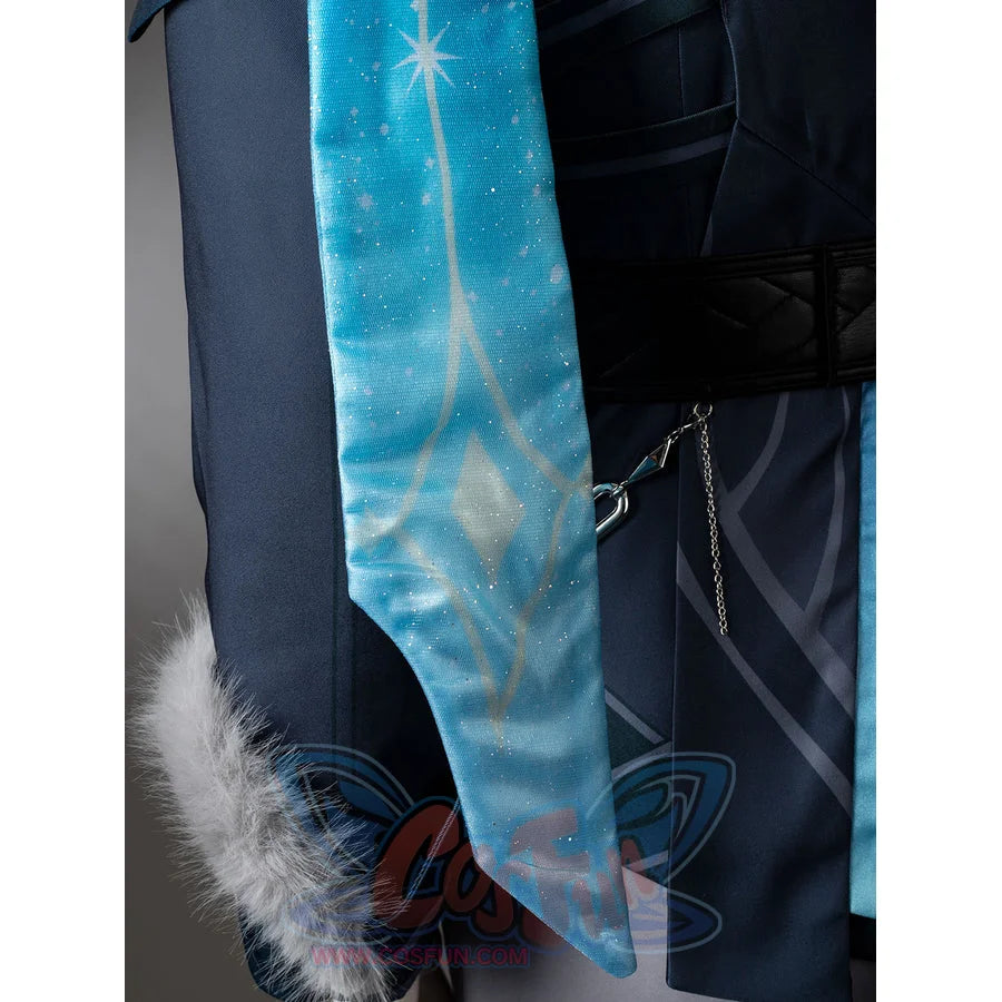 Aether cosplay turquoise drape close-up with a star motif and pale geometric pattern.