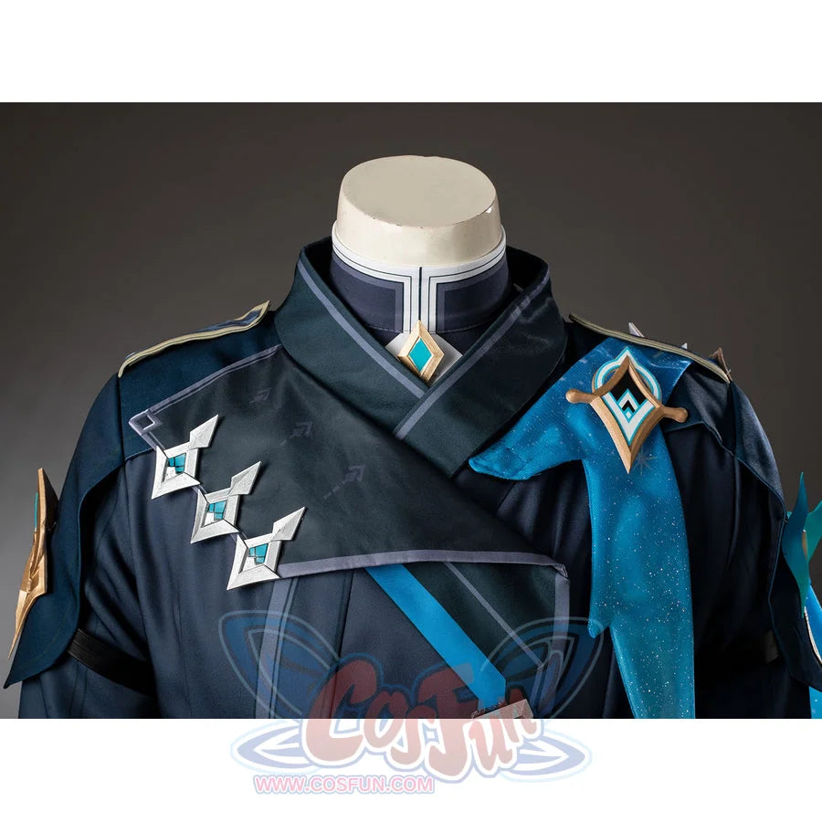 Aether cosplay upper-body detail with a high collar above overlapping teal panels and silver-tone ornaments.