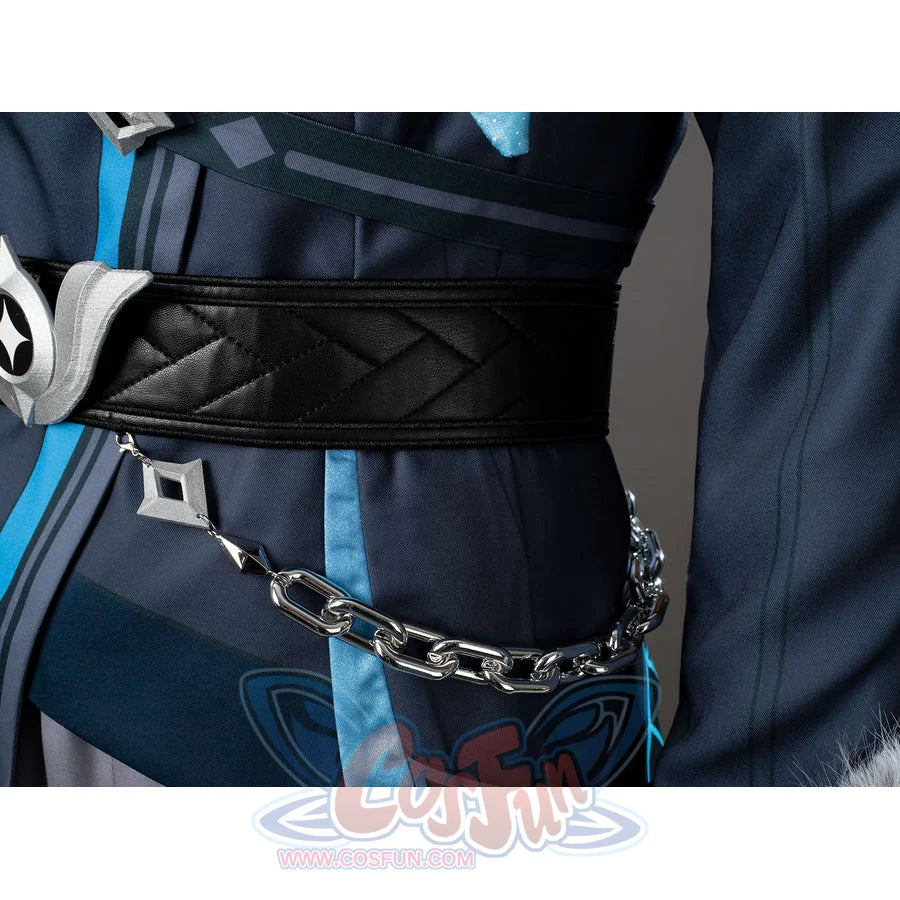 Aether cosplay waist detail with a silver-tone chain and geometric charms over a black belt.