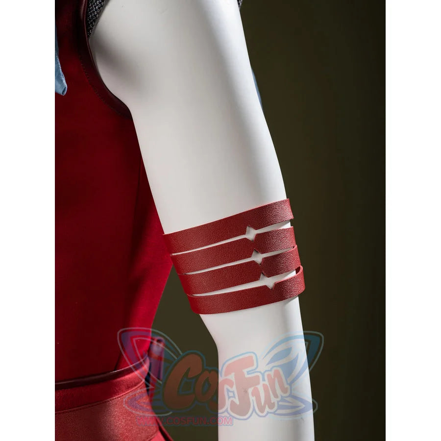 Ahsoka Tano cosplay arm ring detail wraps red bands and thin silver-tone stripes around the upper arm.