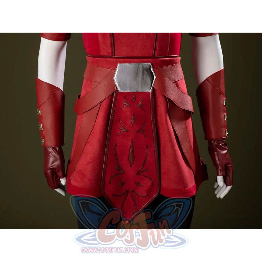 Ahsoka Tano cosplay back waist detail anchors red skirt panels beneath a silver-tone belt plate.