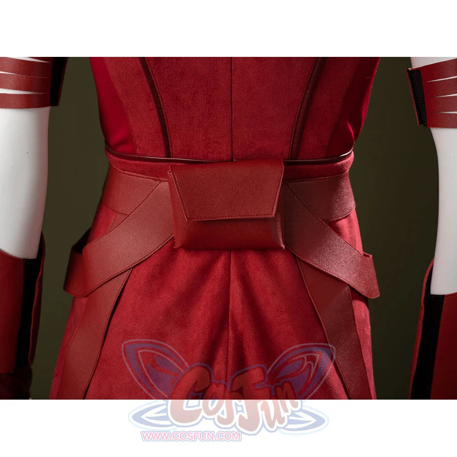 Ahsoka Tano cosplay waist sash back detail layers red straps over the fitted dress waist.