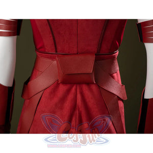 Ahsoka Tano cosplay waist sash back detail layers red straps over the fitted dress waist.