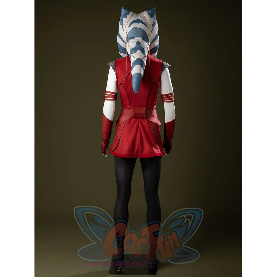 Ahsoka Tano cosplay costume back view drops striped head-tails over the red dress and black tights.