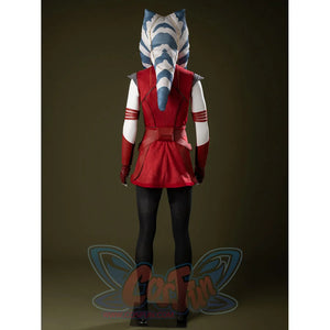 Ahsoka Tano cosplay costume back view drops striped head-tails over the red dress and black tights.