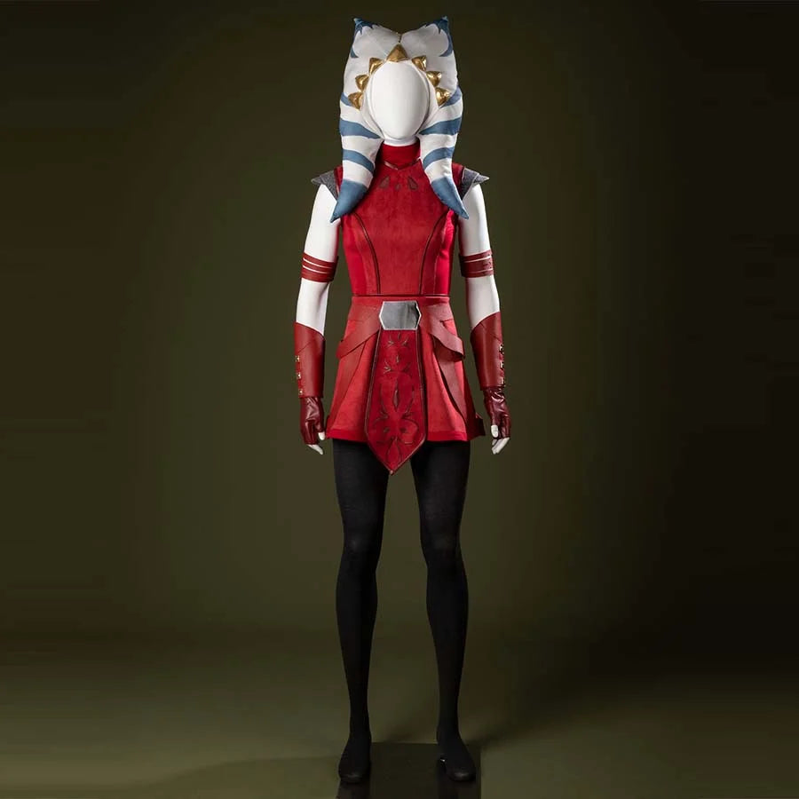 COSFUN Ahsoka Tano cosplay costume front view sets the red dress below the blue-and-white headpiece.