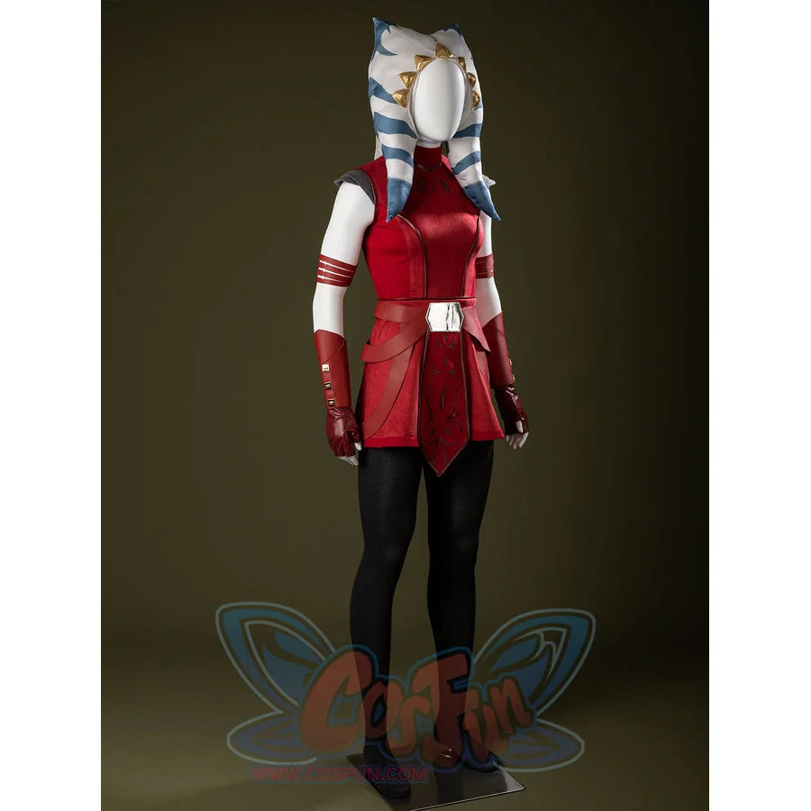 Ahsoka Tano cosplay costume three-quarter view frames the red dress below striped head-tails.