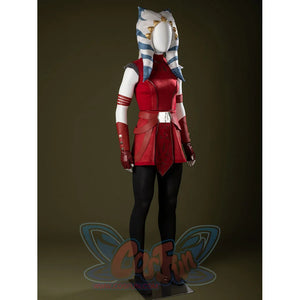 Ahsoka Tano cosplay costume three-quarter view frames the red dress below striped head-tails.