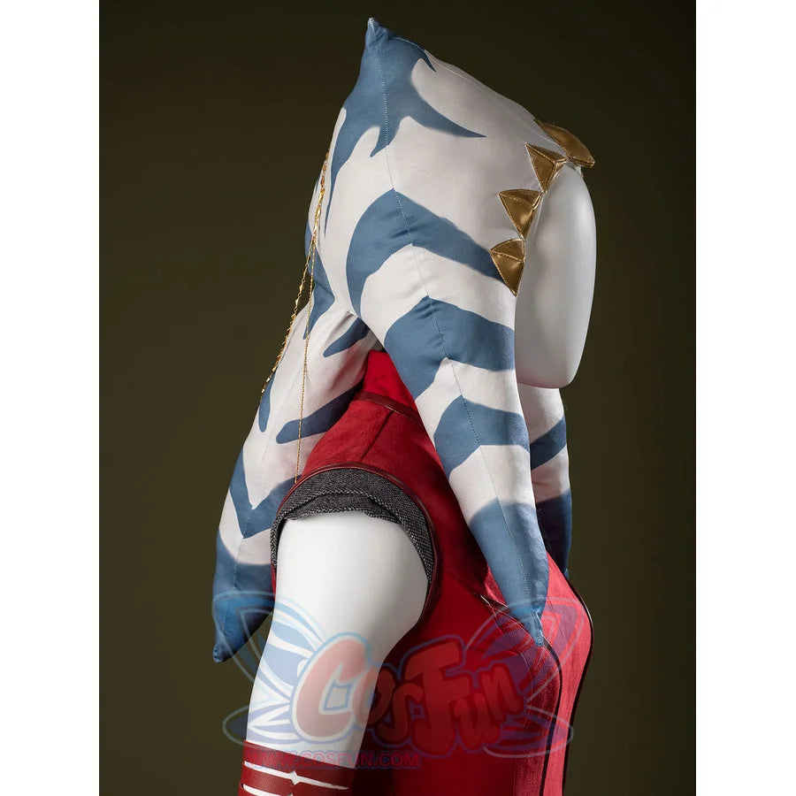 Ahsoka Tano cosplay headpiece back angle follows blue-and-white striped tails over the shoulder.
