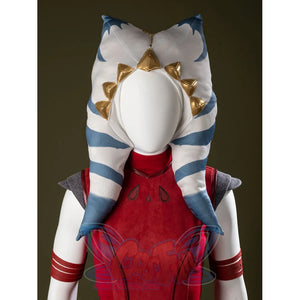 Ahsoka Tano cosplay headpiece front view sets blue-and-white stripes under gold-tone crown accents.