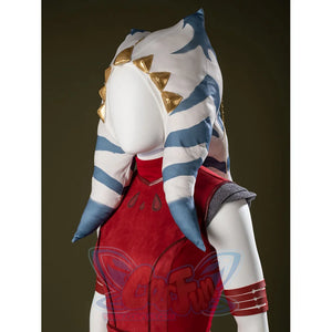 Ahsoka Tano cosplay headpiece side view lets striped head-tails fall beside the red dress collar.