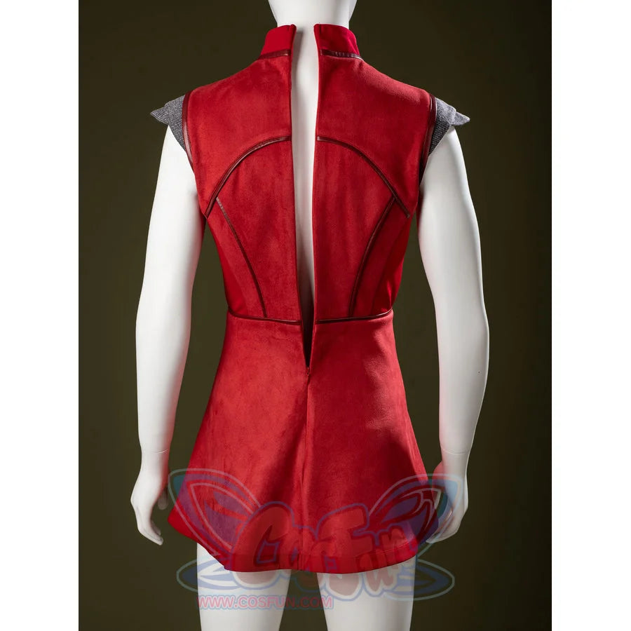 Ahsoka Tano cosplay dress back view presents the sleeveless red tunic and short skirt from behind.
