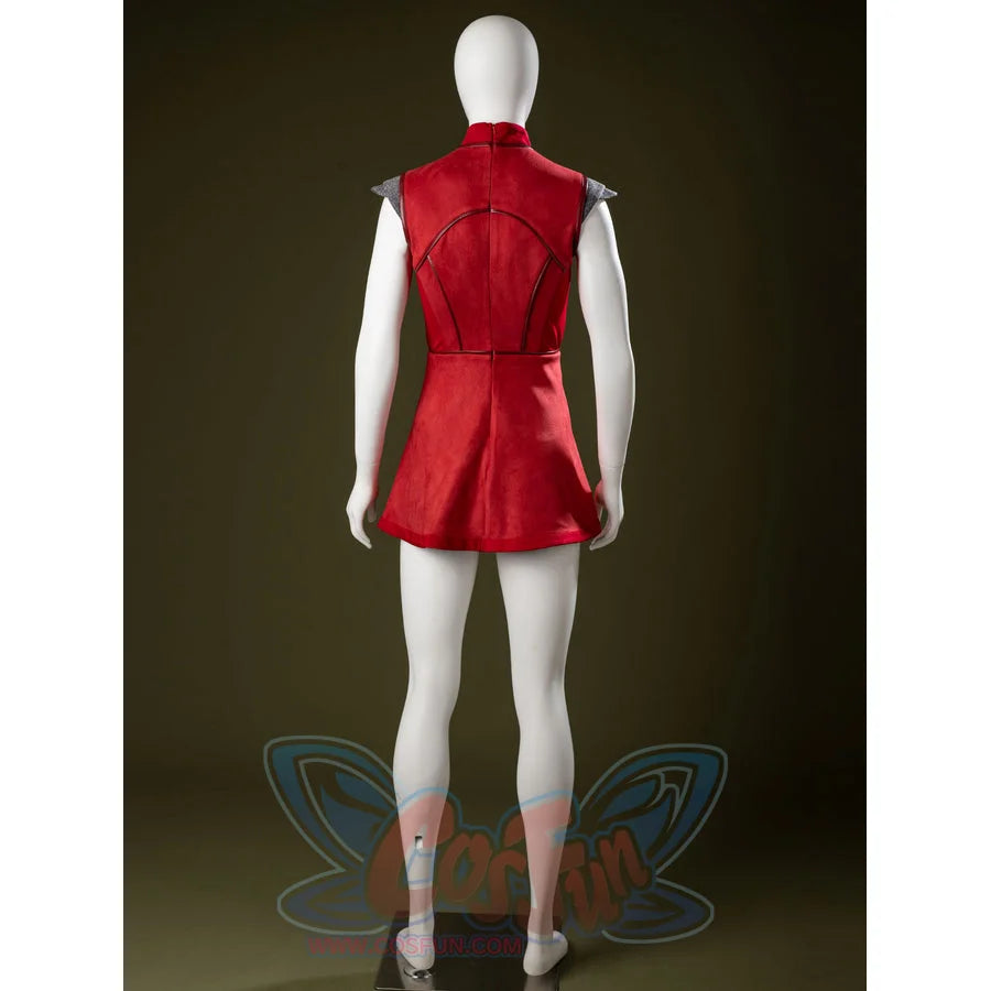 Ahsoka Tano cosplay dress back view shapes the red tunic with a fitted waist and short skirt.