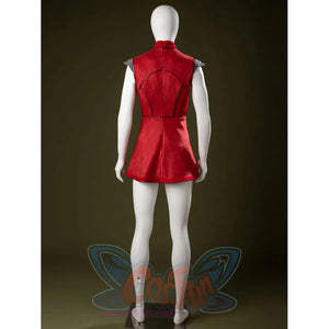 Ahsoka Tano cosplay dress back view shapes the red tunic with a fitted waist and short skirt.