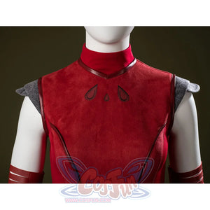 Ahsoka Tano cosplay dress chest detail centers red suede texture below black teardrop accents.