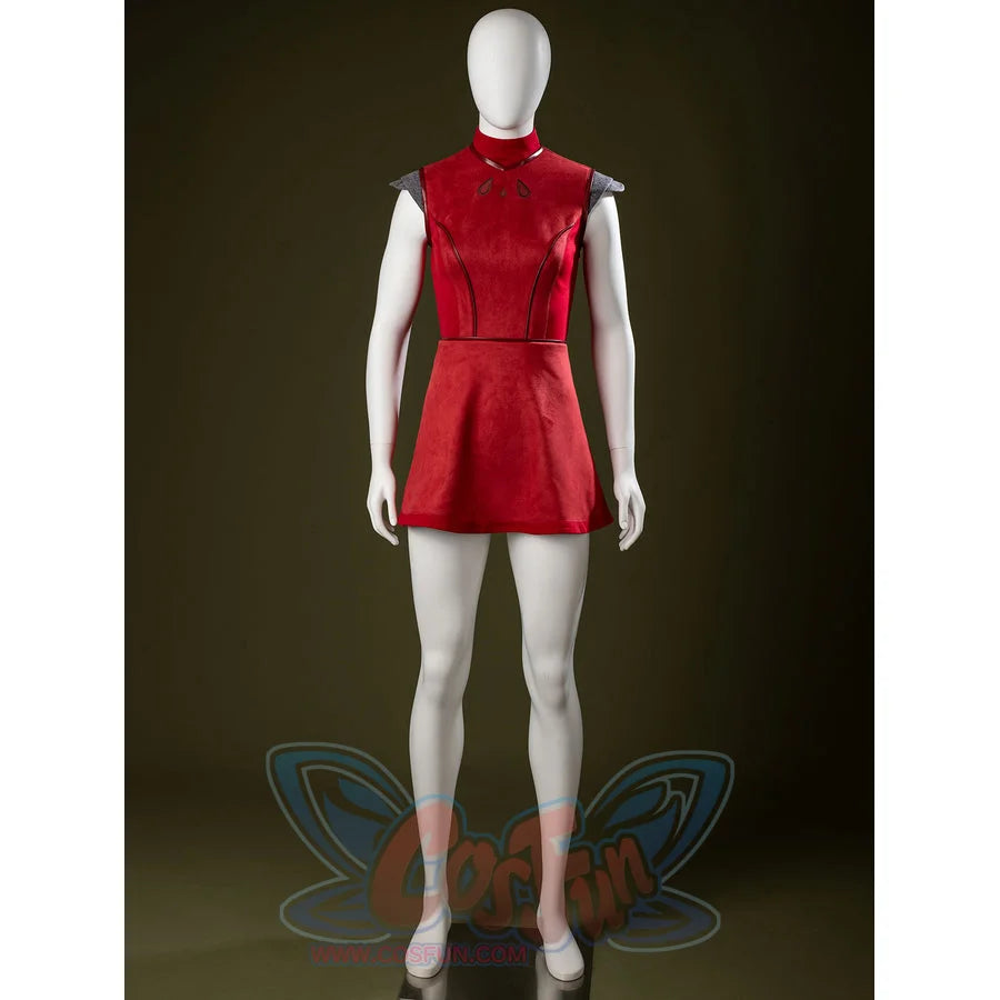 Ahsoka Tano cosplay dress front view keeps the sleeveless red tunic clean above the short skirt.