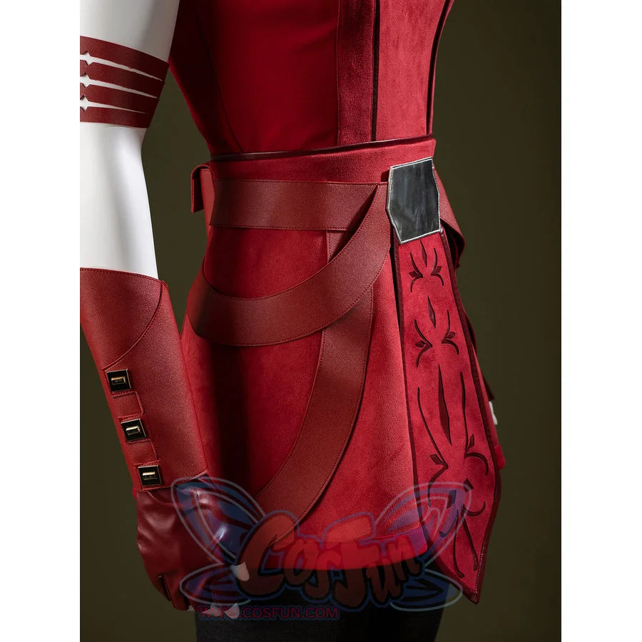 Ahsoka Tano cosplay waist sash side detail crosses red straps above the skirt panel and glove.