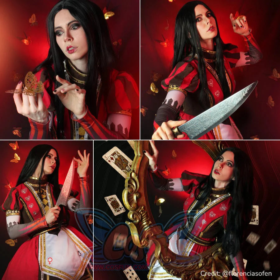 Alice: Madness Returns Alice cosplay royal dress gathers striped sleeves and a red skirt in action views.