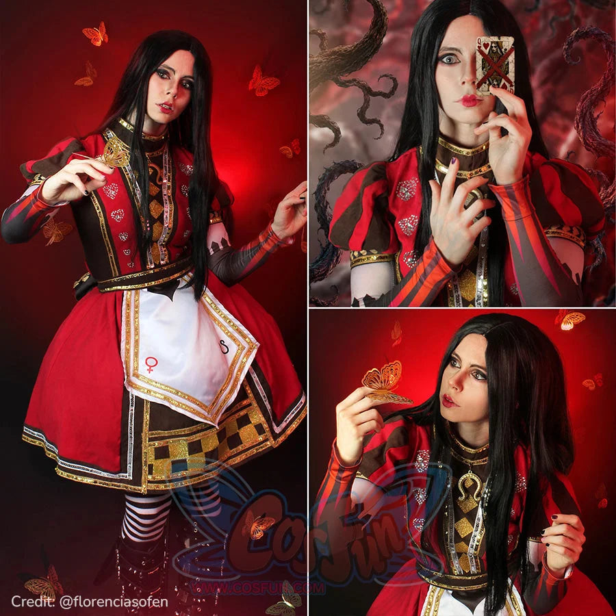 Alice: Madness Returns Alice cosplay royal dress frames a black-and-gold bodice under a white apron.
